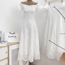 VÁY REN TRẮNG BẸT VAI DỰ TIỆC, váy ren trắng xoè xukadress 9
