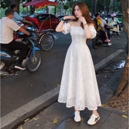 VÁY REN TRẮNG BẸT VAI DỰ TIỆC, váy ren trắng xoè xukadress 8