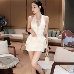 Set áo yếm nơ viền ren nơ eo chân váy a dáng ngắn hiện đại trẻ trung 2