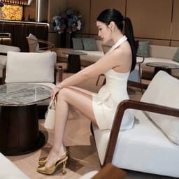 Set áo yếm nơ viền ren nơ eo chân váy a dáng ngắn hiện đại trẻ trung 5