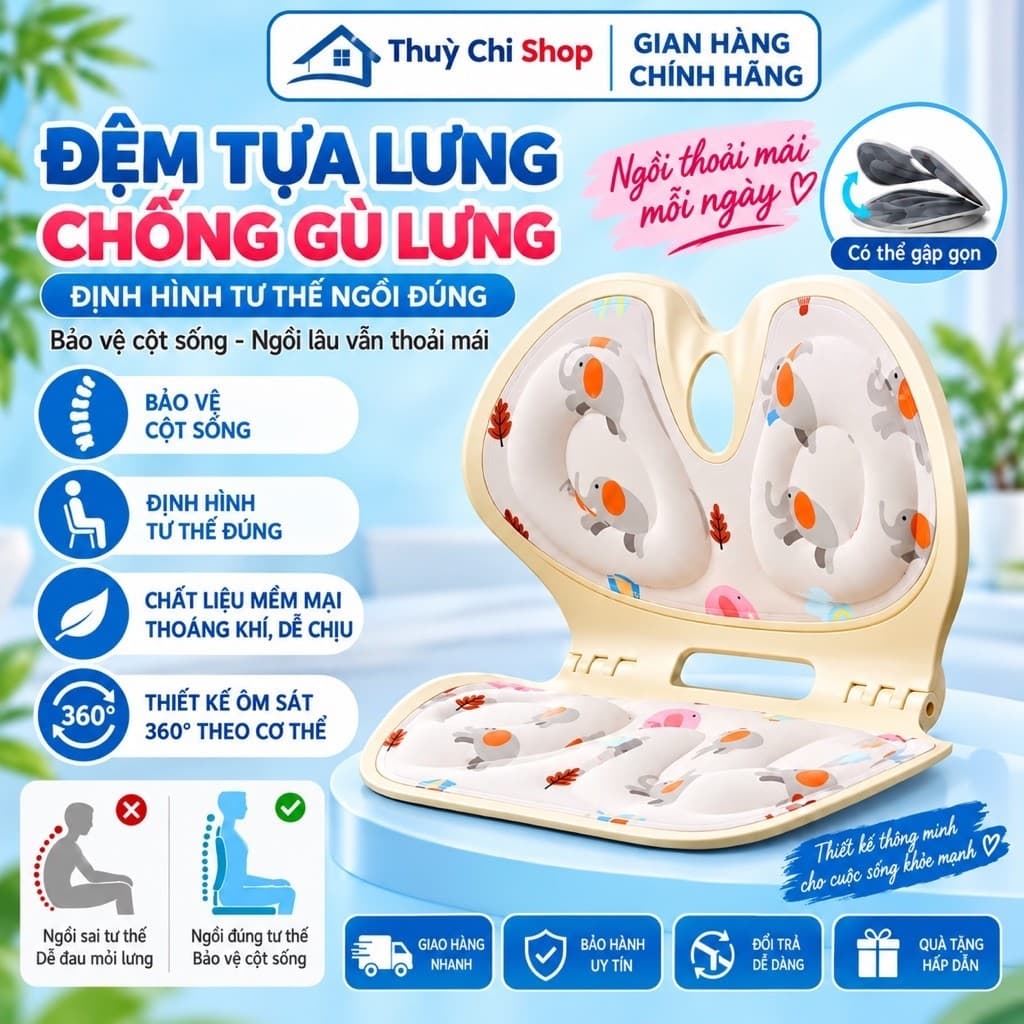 TC  Đệm Ngồi Chống Gù JINGQU Có Tựa Lưng, Đệm Ghế Công Thái Học Gập Gọn, Hỗ Trợ Tư Thế Ngồi Êm Ái Thoáng Khí