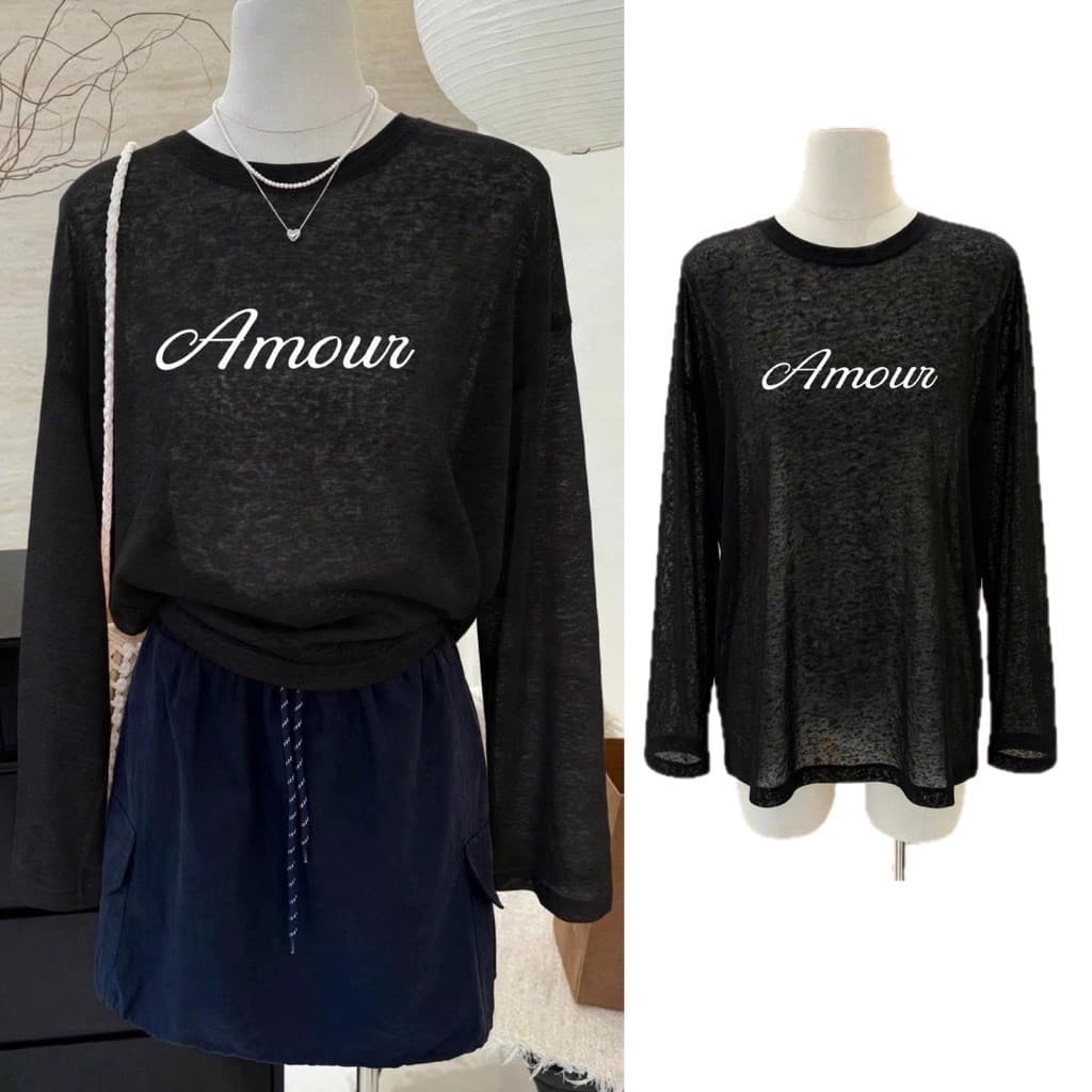 Áo thun form rộng tay dài in hoạ tiết chữ AMOUR, Áo thun giấy xước style đơn giản TG AMOC