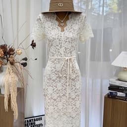 Váy ren cổ V .váy ren cộc tay dáng dài chiết eo kèm ảnh thật 9