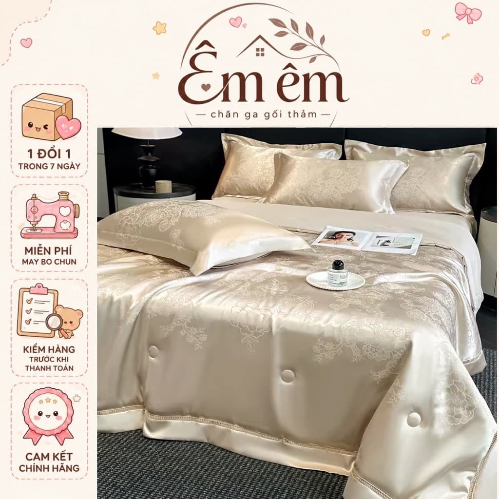 Bộ chăn ga gối Phi Lụa cao cấp thêu hoa sang trọng,bộ 4 món kèm chăn trần bông êm ái,ga bo chun theo yêu cầu