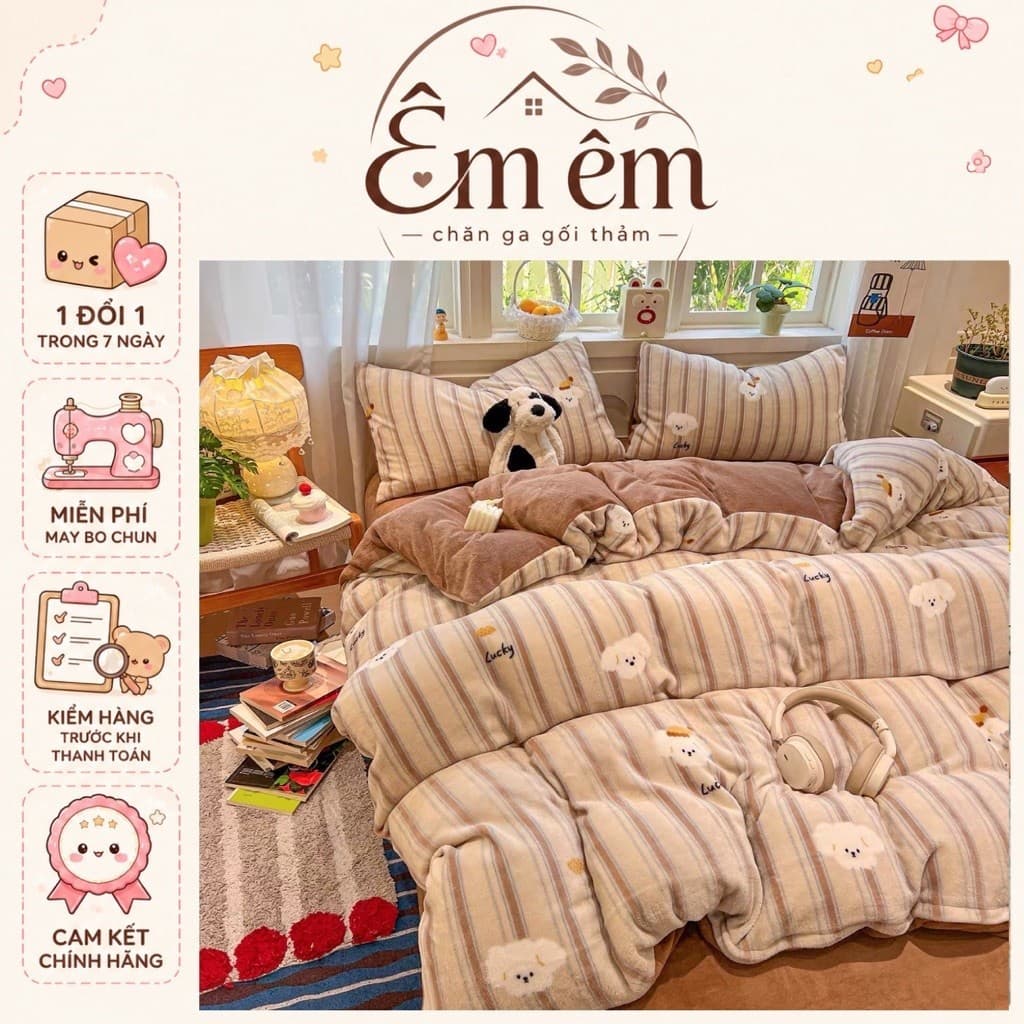 Bộ chăn ga gối nỉ nhung 4 món mềm mại,ấm áp hoạ tiết xinh xắn,bộ không kèm ruột êm êm shop