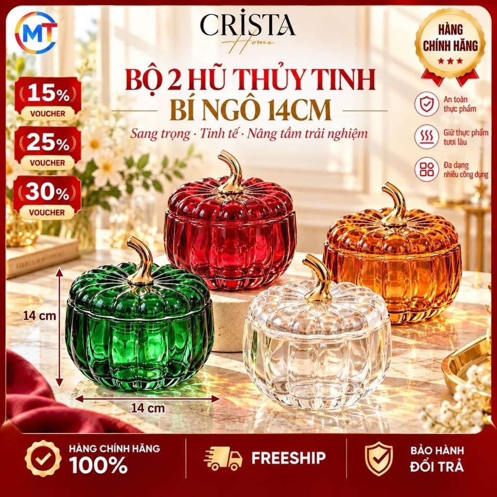 BỘ 2 HŨ THỦY TINH QUẢ BÍ NGÔ 14CM CRISTA HOME, HŨ ĐỰNG BÁNH KẸO - MÃ 60305