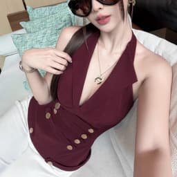 (Dmina) Áo Body cổ yếm V Đính nút vàng ôm body tôn dáng quyến rũ basic dễ phối đồ 1