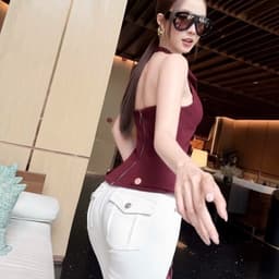 (Dmina) Áo Body cổ yếm V Đính nút vàng ôm body tôn dáng quyến rũ basic dễ phối đồ 2