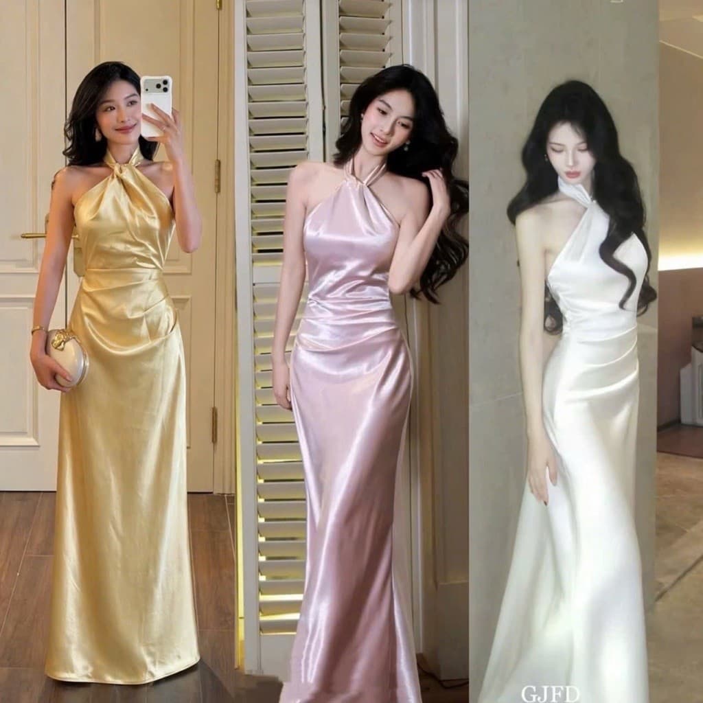 Váy lụa cổ yếm dự tiệc sang chảnh, váy lụa tôn dáng
