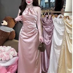Váy lụa cổ yếm dự tiệc sang chảnh, váy lụa tôn dáng 4