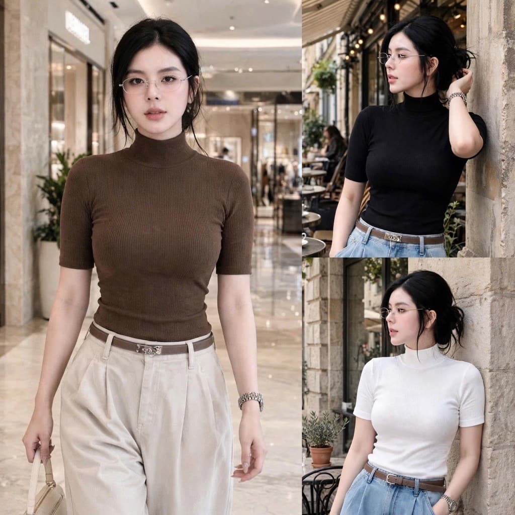 Áo thun cổ lọ tay lửng dáng ôm body chất thun tăm mịn siêu sang tôn dáng BYN BYN MY622