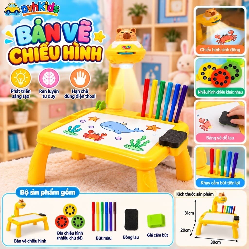 Bàn Chiếu Hình Vẽ Thông Minh ,Có Bút Màu Và Đĩa Chiếu Hình – Bàn Vẽ Sáng Tạo Tập Tô Màu Phát Triển Tư Duy