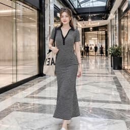 Đầm Sọc cổ trụ kẻ sọc ngang dáng mixi ôm body tôn dáng sang trọng BYN BYN SV100 5
