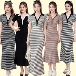 Đầm Sọc cổ trụ kẻ sọc ngang dáng mixi ôm body tôn dáng sang trọng BYN BYN SV100 1