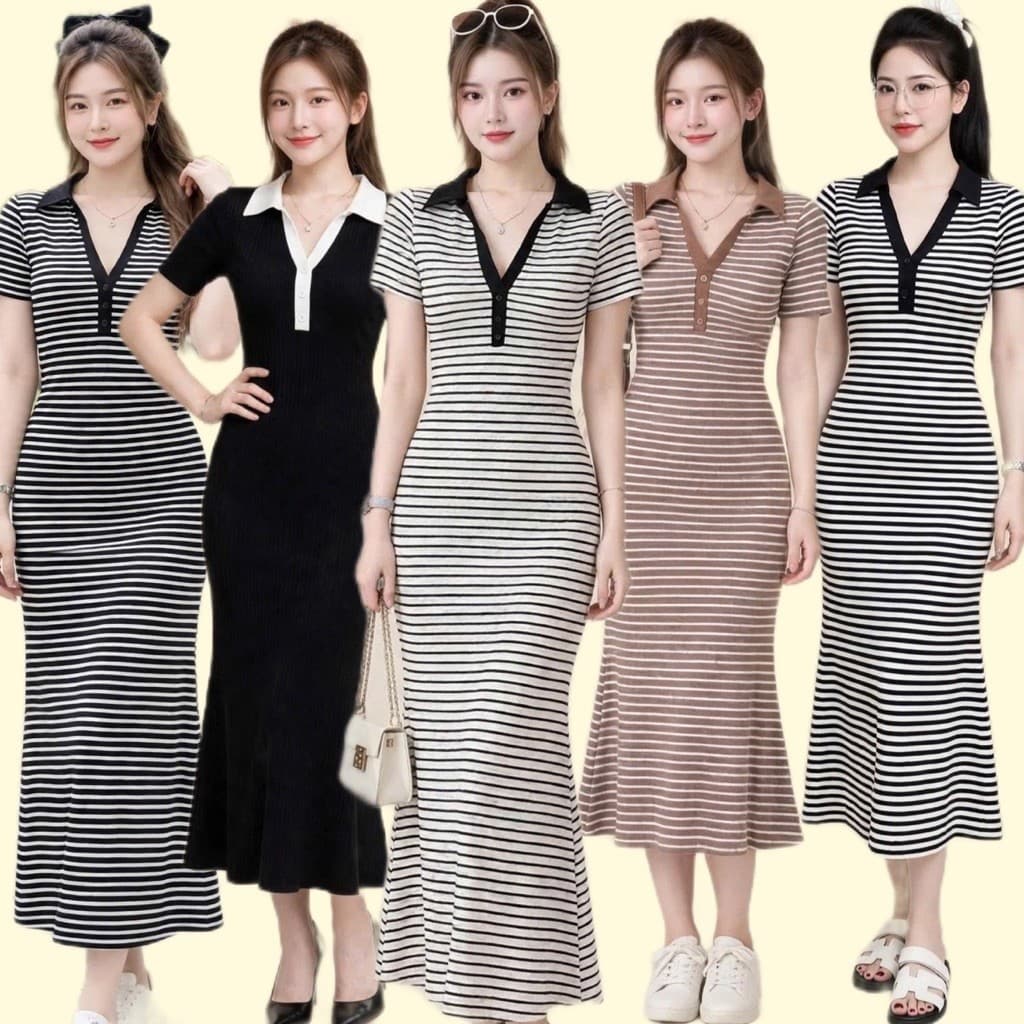 Đầm Sọc cổ trụ kẻ sọc ngang dáng mixi ôm body tôn dáng sang trọng BYN BYN SV100