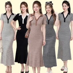 Đầm nữ kẻ sọc ngang dáng mixi cổ trụ dáng dài ôm body tôn dáng sang trọng SV100 1