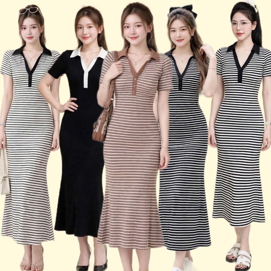 Đầm nữ kẻ sọc ngang dáng mixi cổ trụ dáng dài ôm body tôn dáng sang trọng SV100