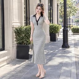 Đầm nữ kẻ sọc ngang dáng mixi cổ trụ dáng dài ôm body tôn dáng sang trọng SV100 8