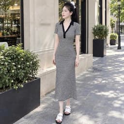 Đầm nữ kẻ sọc ngang dáng mixi cổ trụ dáng dài ôm body tôn dáng sang trọng SV100 9