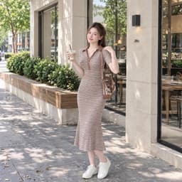 Đầm nữ kẻ sọc ngang dáng mixi cổ trụ dáng dài ôm body tôn dáng sang trọng SV100 7