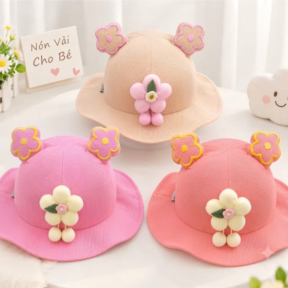 Mũ tai bèo cho bé gái nón vải mềm đính hoa nổi siêu dễ thương cho bé từ 1-3 tuổi
