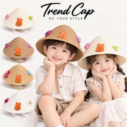 Mũ rơm trẻ em Trend Cap dáng nón lá đính thêu thỏ, mũ che nắng cho bé có dây đeo 1