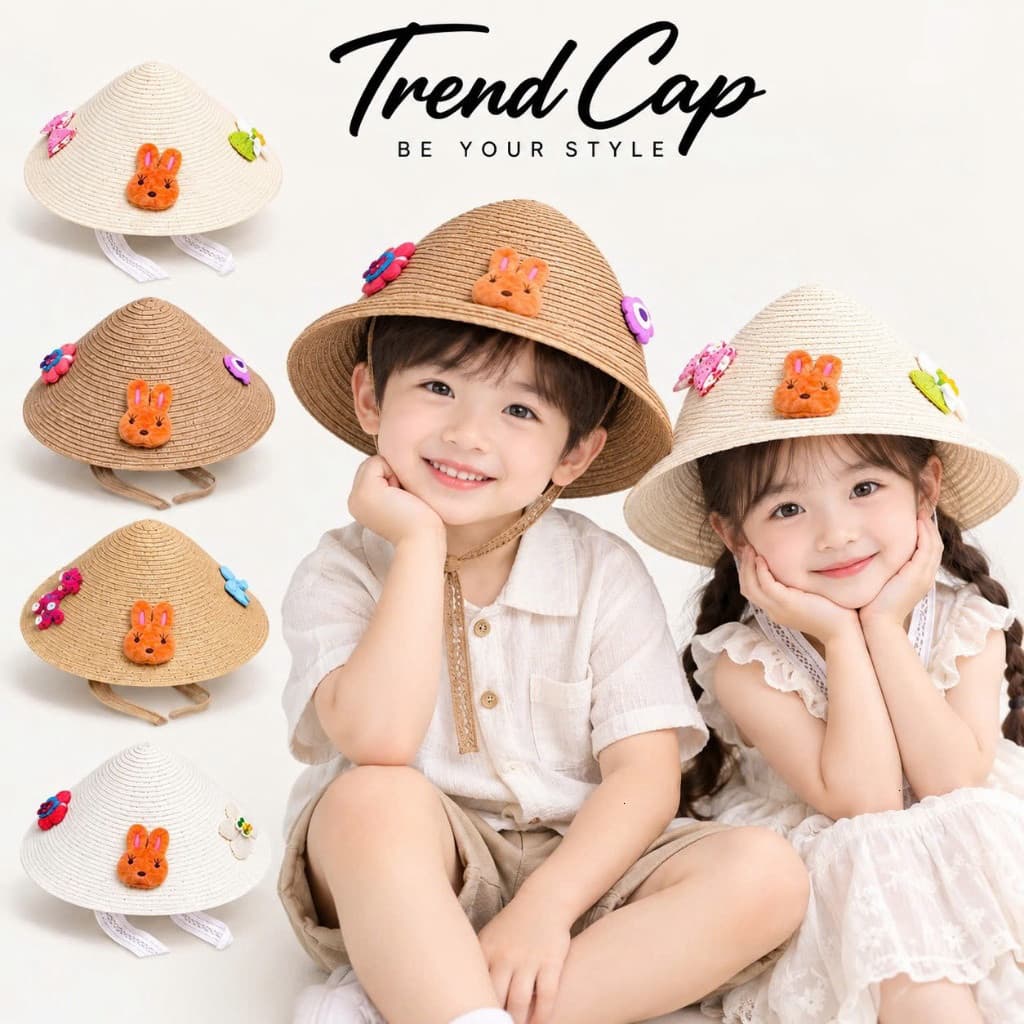 Mũ rơm trẻ em Trend Cap dáng nón lá đính thêu thỏ, mũ che nắng cho bé có dây đeo
