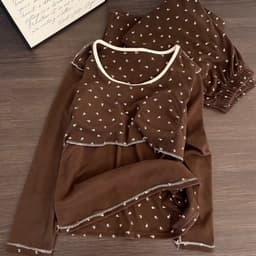DÂU TÂY ( KÈM ẢNH THẬT ) Bộ Đồ Ngủ Pijama Thu Đông Nữ Dài Tay Hoa Nhí Cổ U Thắt Nơ Bộ Mặc Nhà Cotton Poly Màu Nâu Socola 6