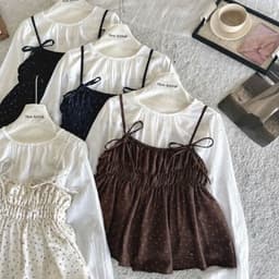 Sét áo kiểu nữ 2 món phối áo voan tơ trắng tay dài kèm áo 2 dây hoa nhí nhún eo xòe nhẹ tiểu thư.CLOTHING MA009977 7