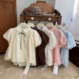 Áo sơ mi voan tơ chấm bi nhí tay ngắn phồng dáng xòe babydoll thắt nơ cổ phong cách tiểu thư basic KENCO MA1113 2