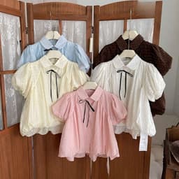 Áo sơ mi voan tơ chấm bi nhí tay ngắn phồng dáng xòe babydoll thắt nơ cổ phong cách tiểu thư basic KENCO MA1113 3