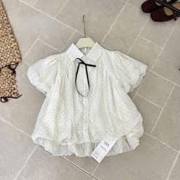 Áo sơ mi voan tơ chấm bi nhí tay ngắn phồng dáng xòe babydoll thắt nơ cổ phong cách tiểu thư basic KENCO MA1113 4