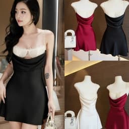 (Dmina) Váy Lụa Hai Dây Ngắn phối viền ren đá ngực quyến rũ tôn dáng sang chảnh 1