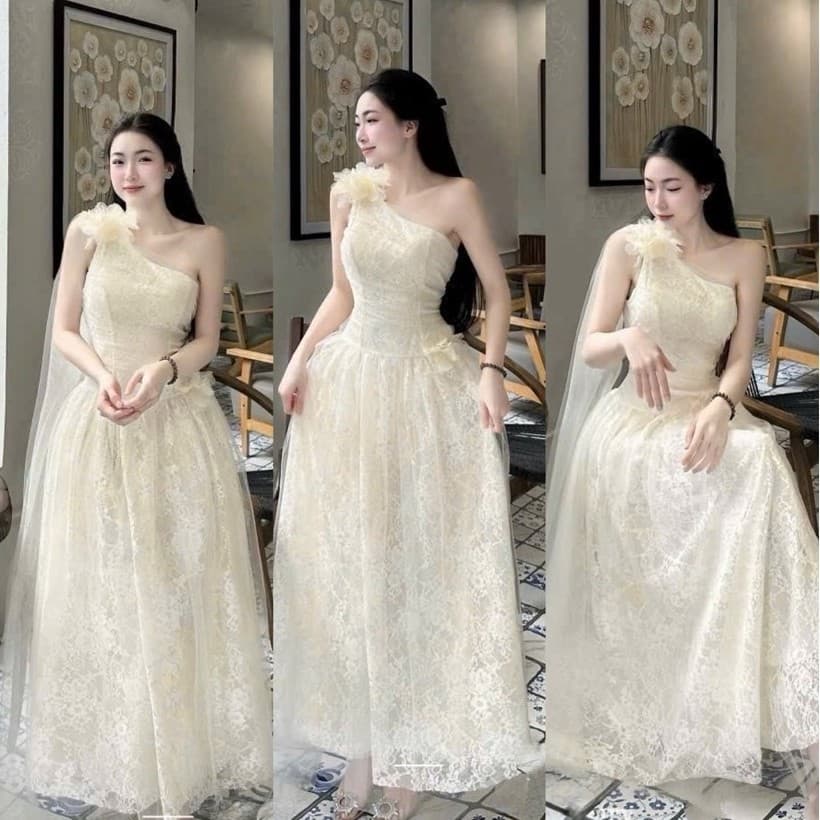 Váy Ren Dự Tiệc Đính Hoa Vai Dáng Dài xukadress