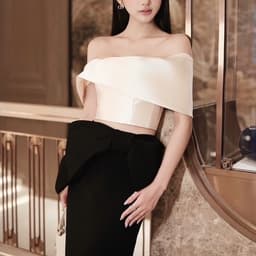 [MMUSE STORE] VIDEO - Set áo trễ vai croptop chân váy nơ eo dáng dài sang trọng 9