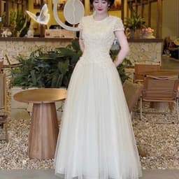 Đầm maxi nữ màu kem tay ngắn ren xòe xòe dáng dài cho cô dâu hoặc buổi dạ hội 3