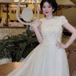 Đầm maxi nữ màu kem tay ngắn ren xòe xòe dáng dài cho cô dâu hoặc buổi dạ hội 2