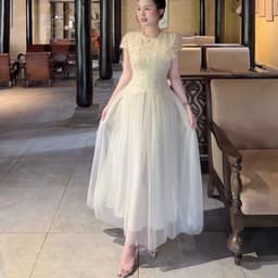 Đầm maxi nữ màu kem tay ngắn ren xòe xòe dáng dài cho cô dâu hoặc buổi dạ hội 5