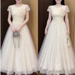 Đầm maxi nữ màu kem tay ngắn ren xòe xòe dáng dài cho cô dâu hoặc buổi dạ hội 1