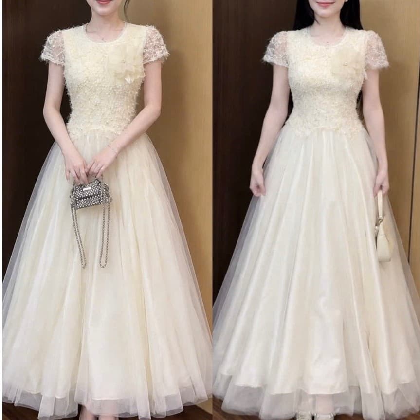 Đầm maxi nữ màu kem tay ngắn ren xòe xòe dáng dài cho cô dâu hoặc buổi dạ hội