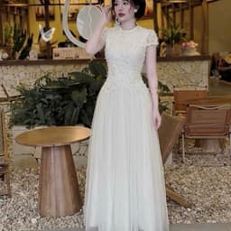 Đầm maxi nữ màu kem tay ngắn ren xòe xòe dáng dài cho cô dâu hoặc buổi dạ hội 4