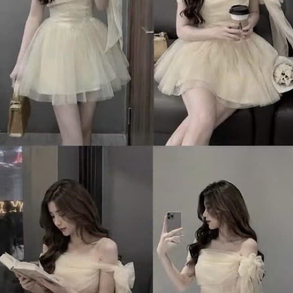 Váy nữ màu kem xếp tầng voan dáng xòe ngắn phong cách dễ thương