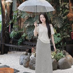 Váy maxi nữ sọc chéo dáng dài phong cách thường ngày màu kem 6