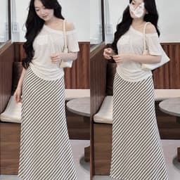 Váy maxi nữ sọc chéo dáng dài phong cách thường ngày màu kem 2