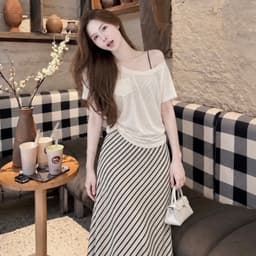 Váy maxi nữ sọc chéo dáng dài phong cách thường ngày màu kem 3