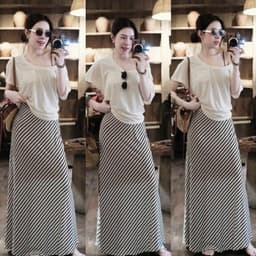 Váy maxi nữ sọc chéo dáng dài phong cách thường ngày màu kem 1