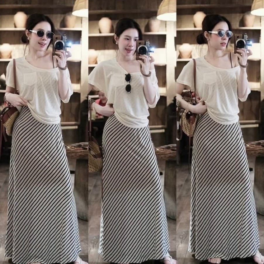 Váy maxi nữ sọc chéo dáng dài phong cách thường ngày màu kem