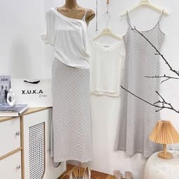 Váy maxi nữ sọc chéo dáng dài phong cách thường ngày màu kem 9