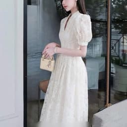 Đầm maxi nữ ren màu kem tay phồng cổ v dáng xòe thanh lịch 5