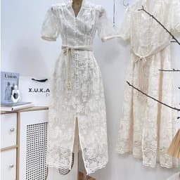 Đầm maxi nữ ren màu kem tay phồng cổ v dáng xòe thanh lịch 9